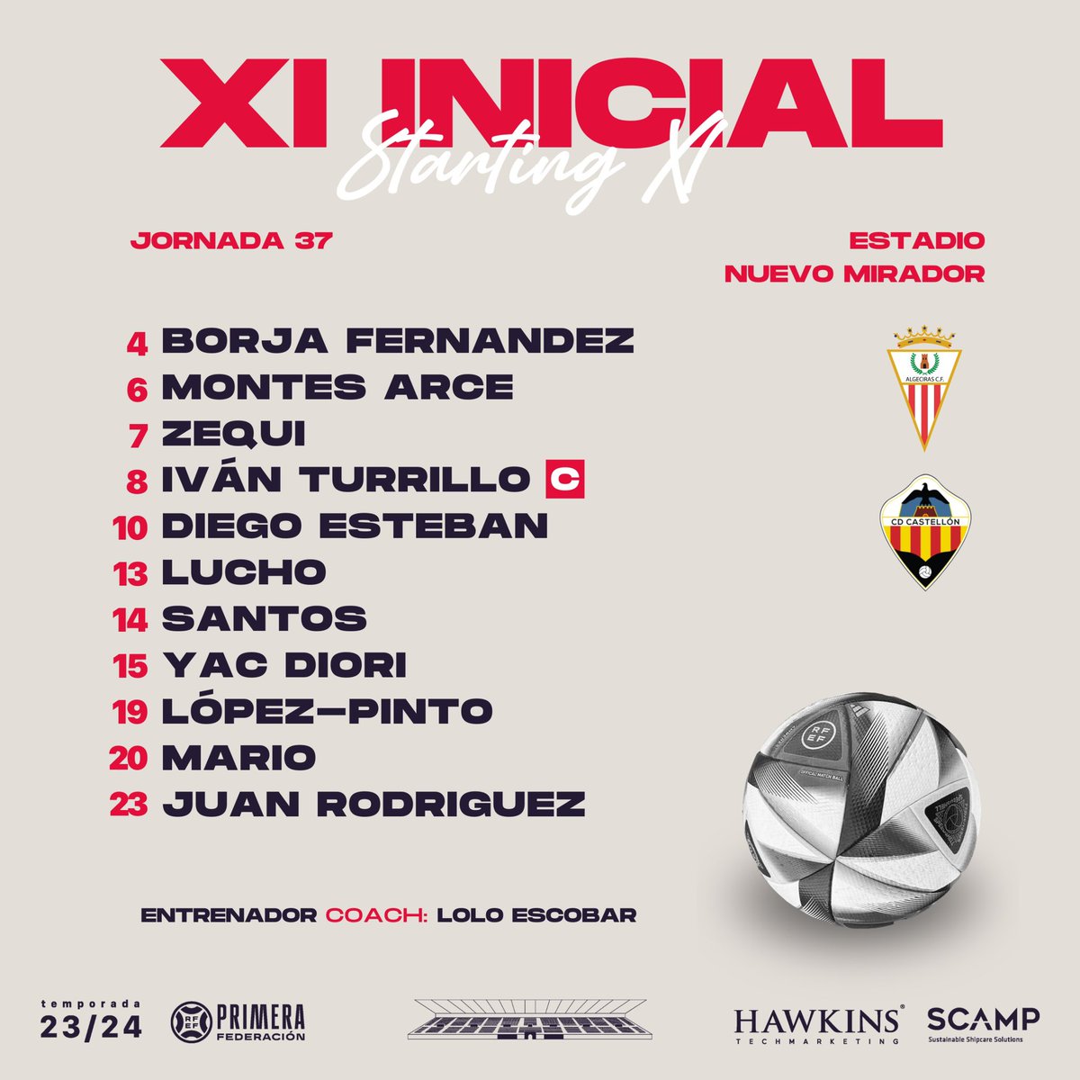 🔴⚪ 𝐗𝐈 𝐈𝐍𝐈𝐂𝐈𝐀𝐋 / Starting XI para #AlgecirasCastellón #ThisisACF #CrecemosContigo #HechosParaGanar