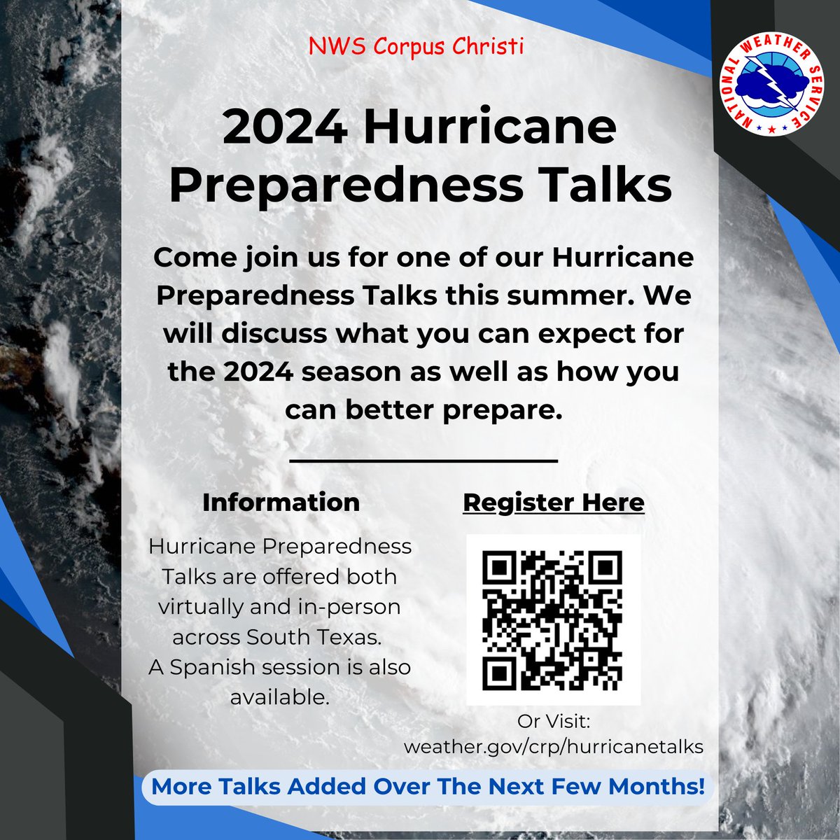 It's that time of the year. Come join us for one of our Hurricane Preparedness Talks this summer. We plan on adding additional talks over the next few months so continue to check back to see which date works for you! Register Here: weather.gov/crp/hurricanet…