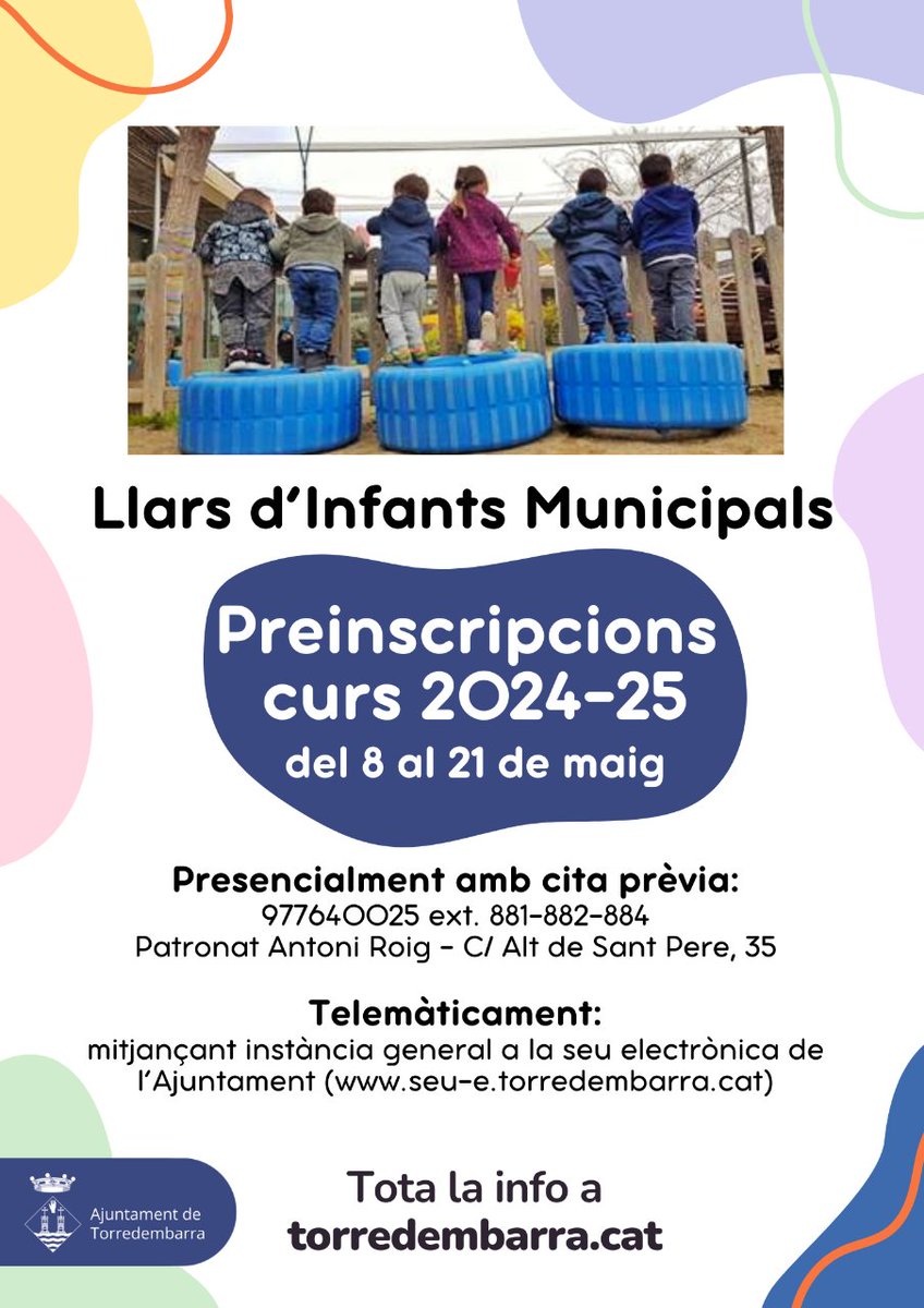 👶🏼👶🏾 Les llars d'infants municipals de #Torredembarra obren les preinscripcions per al curs 2024-2025. 📅 Fins al 21 de maig. ✍🏻💻 Presencialment o telemàticament. Aquí trobareu tota la informació 🔗 shar.es/agsPzB