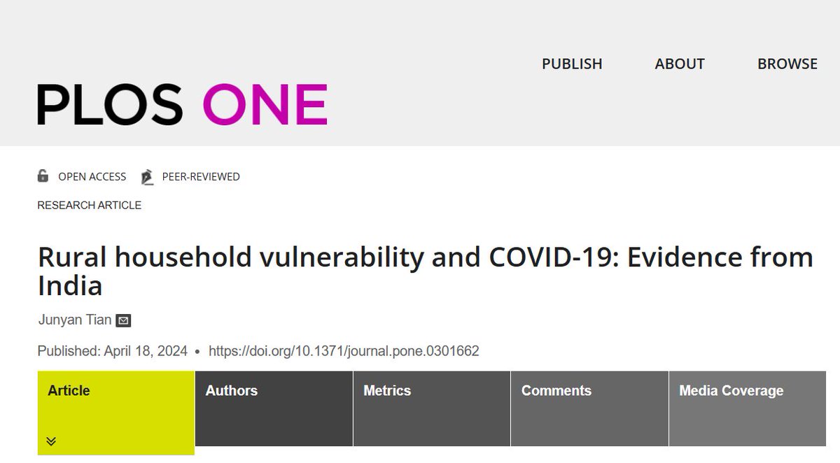 #NowReading Rural household vulnerability and COVID-19: Evidence from India.

📝By Junyan Tian.

#OpenAccess 🔗doi.org/10.1371/journa…
@CGIAR @IFPRISAO #COVID19 #India