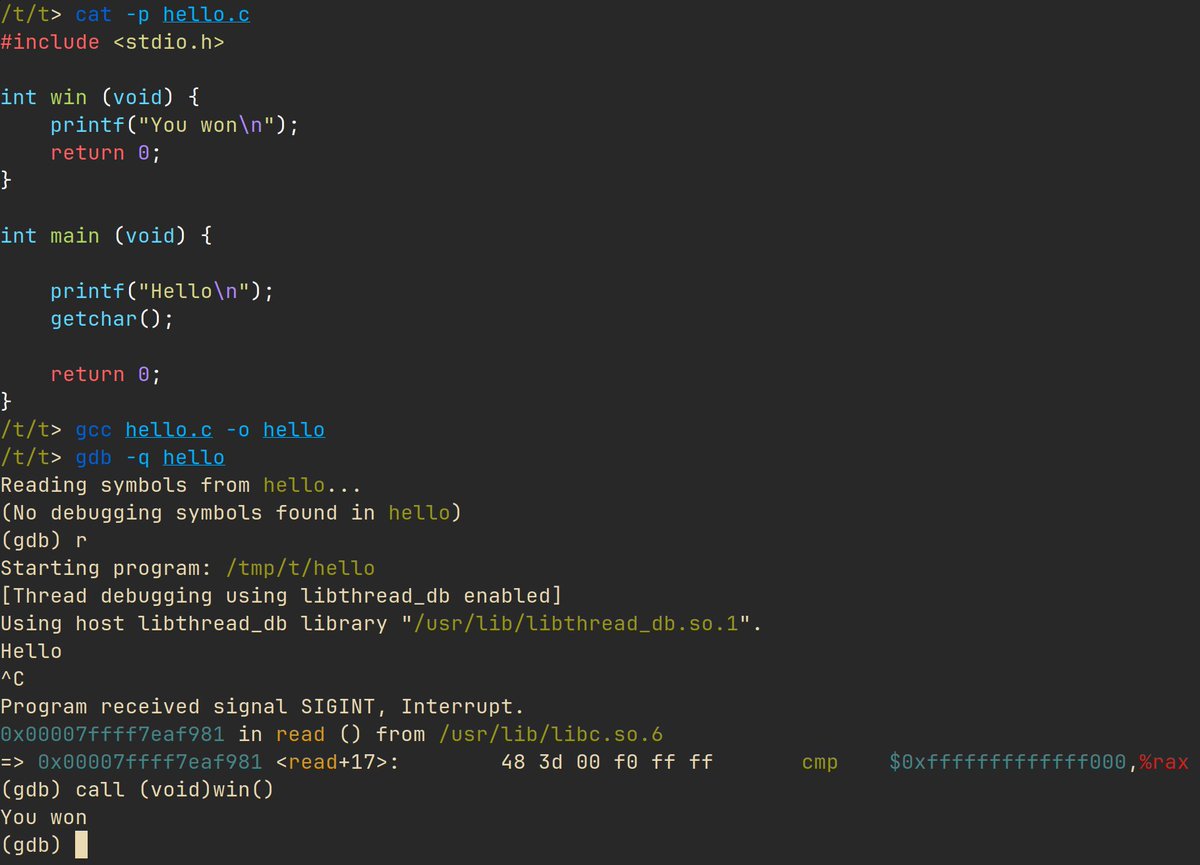 gildasi0's tweet image. I did not know we can call functions to execute from gdb. That is pretty interesting :P
sourceware.org/gdb/current/on…
#BinaryExploitation #pwn #gdb #debugging