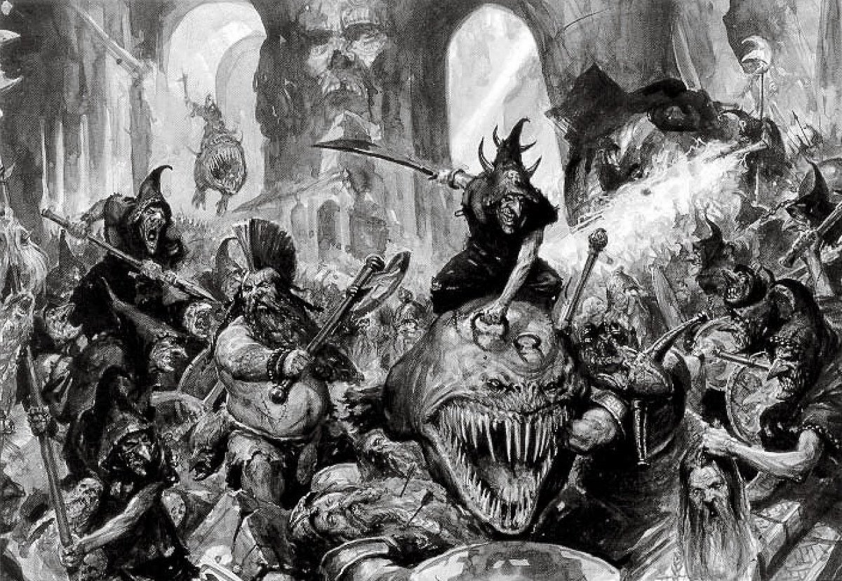 Waaagh! Skarsnik, illustration by Paul Dainton, I believe, for the Orcs & Goblins, 7th ed. book. Depicting the Battle of the East Gate. Skarsnik's Night Goblins assail Lord Duregar's throng near the East Gate of Karak Eight Peaks, at the ancient Dwarf tombs, or old Dwarf mines.