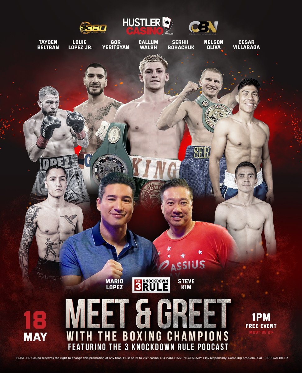 HAPPENING TODAY at 1PM! MEET & GREET with The Boxing Champions featuring The 3 Knockdown Rule Podcast hosts @mariolopez & @steveoralekim at Larry Flynt's Bar & Grill! 🥊 We hope to see you there! MUST BE 21+ #HUSTLERCasino #Boxing #MeetAndGreet