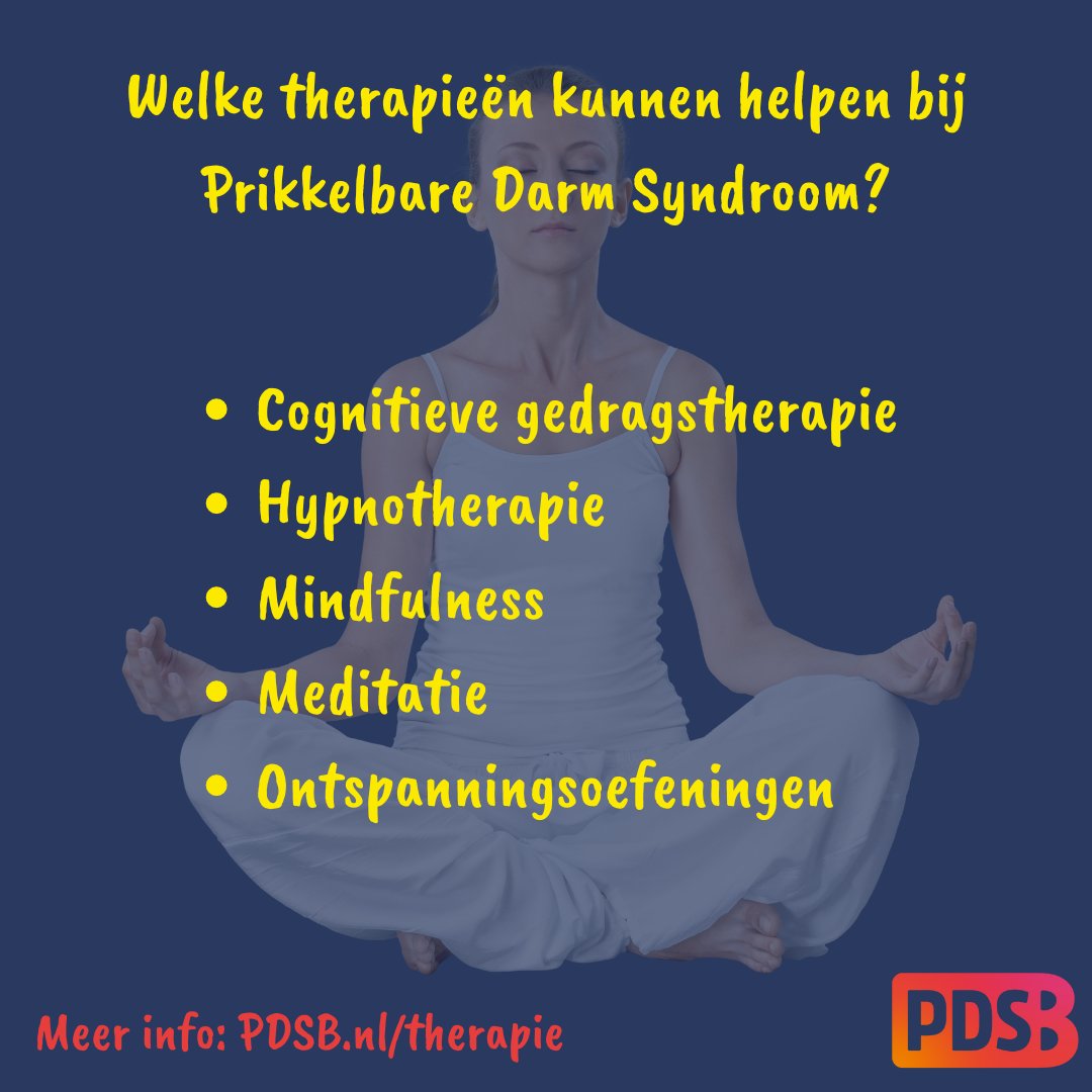 Welke therapieën kunnen helpen bij Prikkelbare Darm Syndroom?

- Cognitieve gedragstherapie
- Hypnotherapie
- Mindfulness
- Meditatie
- Ontspanningsoefeningen

Meer info en uitleg hierover: pdsb.nl/therapie/

#PrikkelbareDarmSyndroom #behandeling #therapie