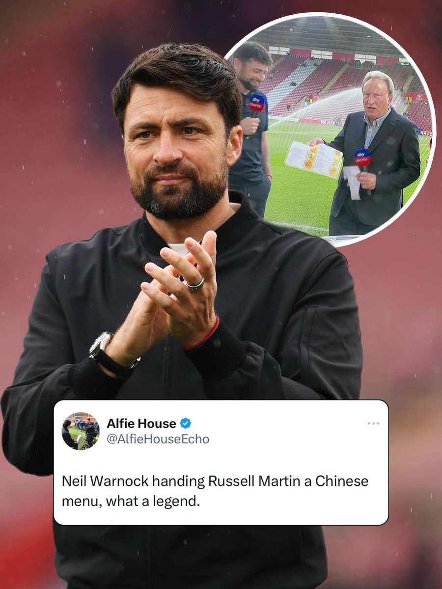 Neil Warnock giving Russell Martin a Chinese menu after suggesting he should take the team out for a Chinese after the Leicester game.. 🤣👏 #SaintsFC