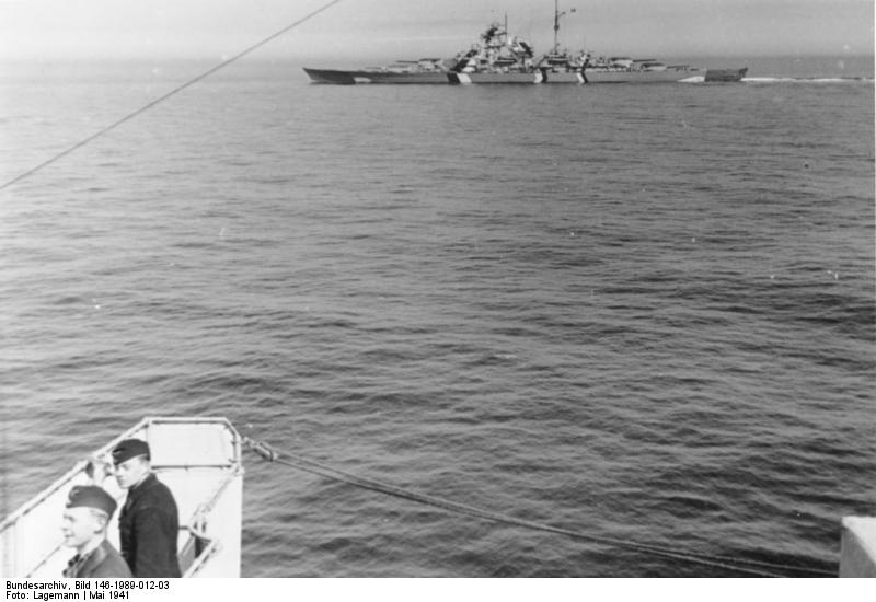 Battleship Bismarck as seen from heavy cruiser Prinz Eugen in the Baltic Sea, mid-May 1941