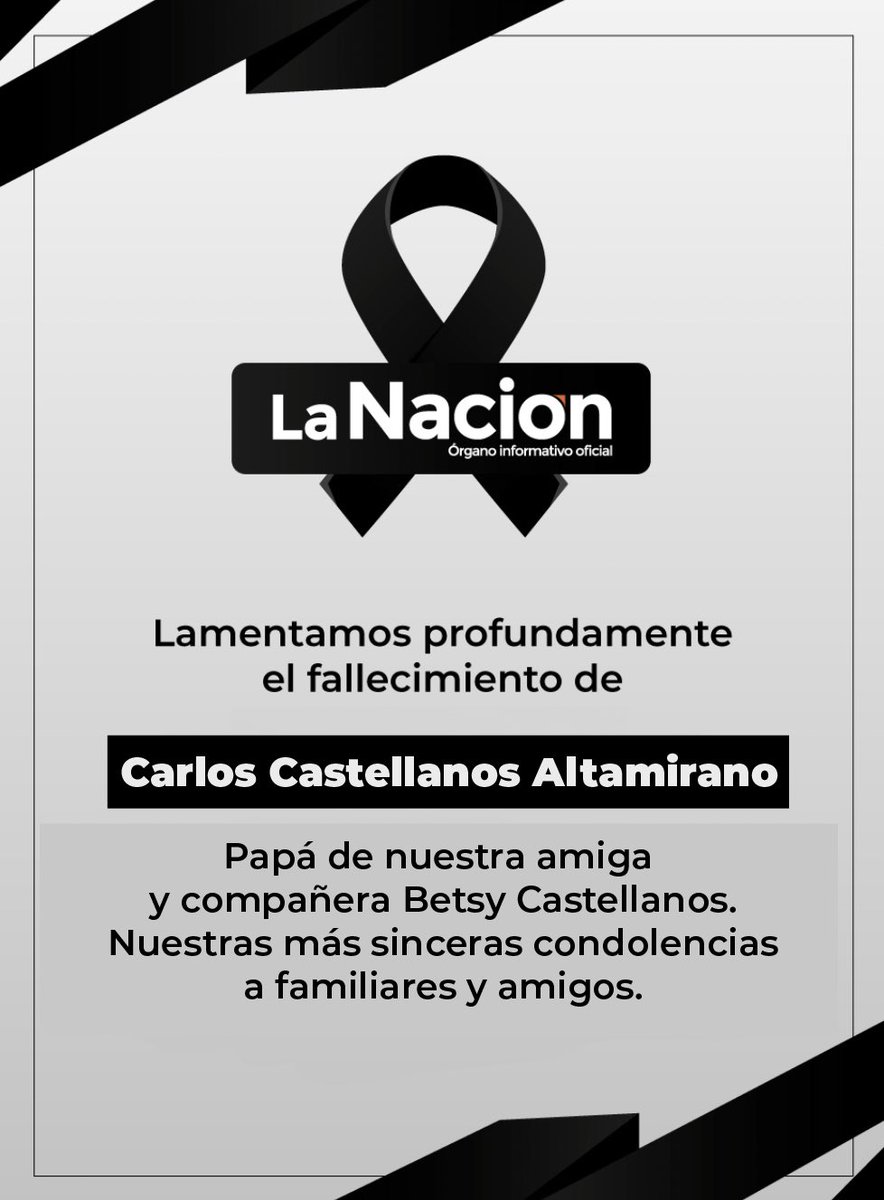 Lamentamos la pérdida de Carlos Castellanos Altamirano, padre de nuestra amiga y compañera de la Nación, Betsy Castellanos. QEPD. @tragaluz_