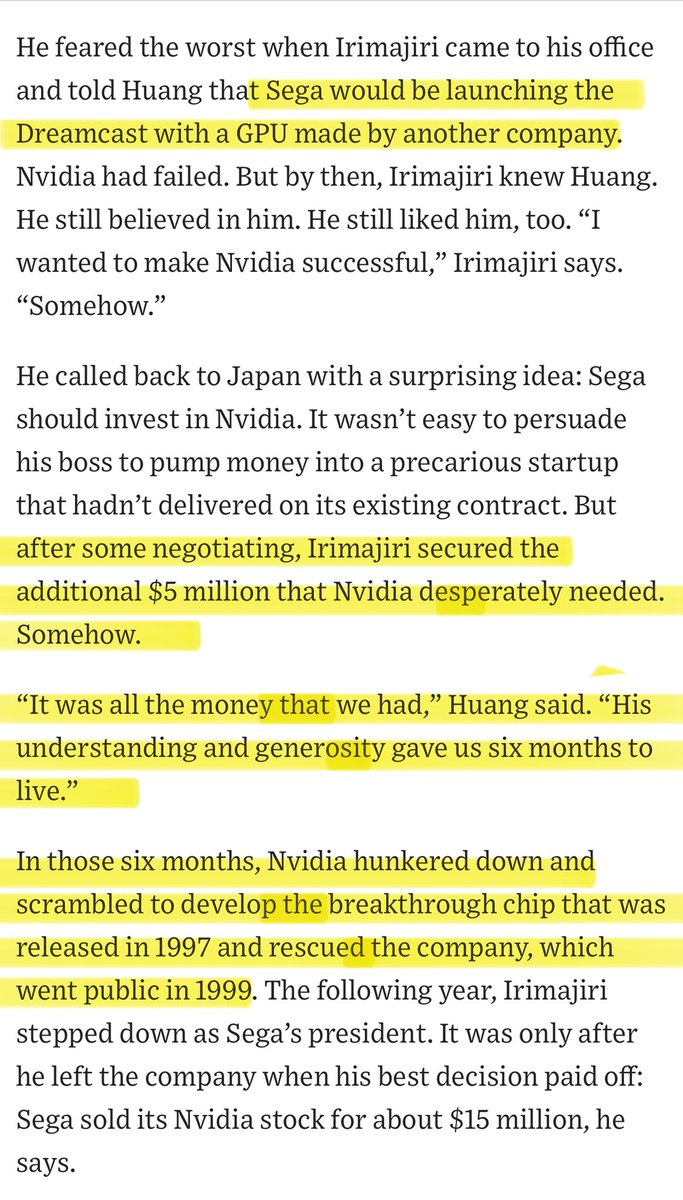 Super interesting story in the WSJ by Ben Cohen about how in the 90’s Nvidia was 6 months away from bankruptcy until an Ex Sega CEO handed them a lifeline of $5M that changed the course of that company’s history.