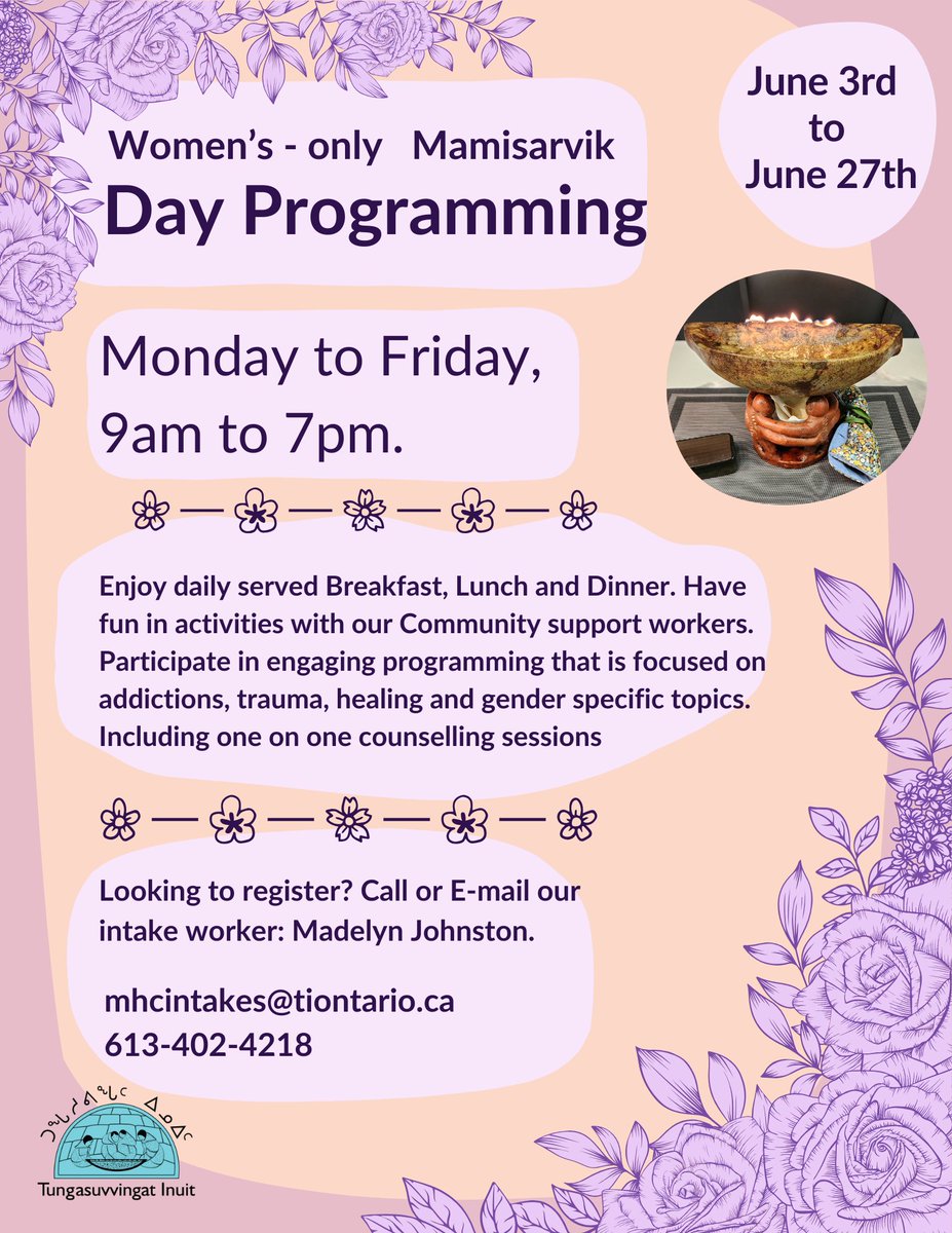 Join us for our Women's-Only Day Program. June 3rd to June 27th, 9am-7pm, Monday to Friday. Limited spots are available. To apply, call or text Madelyn at 613-402-4218 or e-mail mhcintakes@tiontario.ca. **Not a drop-in program; must attend every day.**