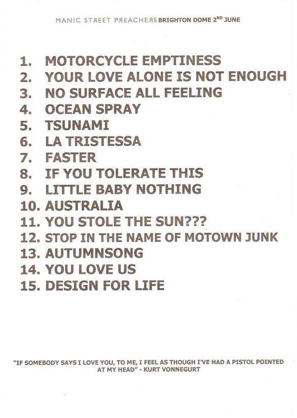 Did you get a setlist on @Manics' Journal For Plague Lovers tour? (Especially the ones we're missing quotes for: foreverdelayed.org.uk/forum/showpost…)

#ManicStreetPreachers | @Manics | #JournalForPlagueLovers15 | #JFPL15 | #SteveAlbini