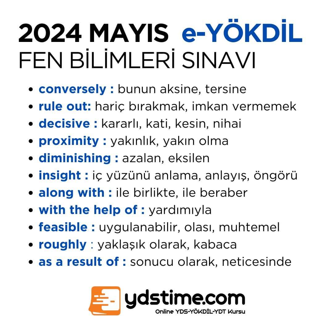 Bugün yapılan #eyökdil Fen Bilimleri sınavında doğru cevap olan kelime ve yapıları çalışalım. 

ydstime.com 

#yds #yökdil #ydt #eyökdil