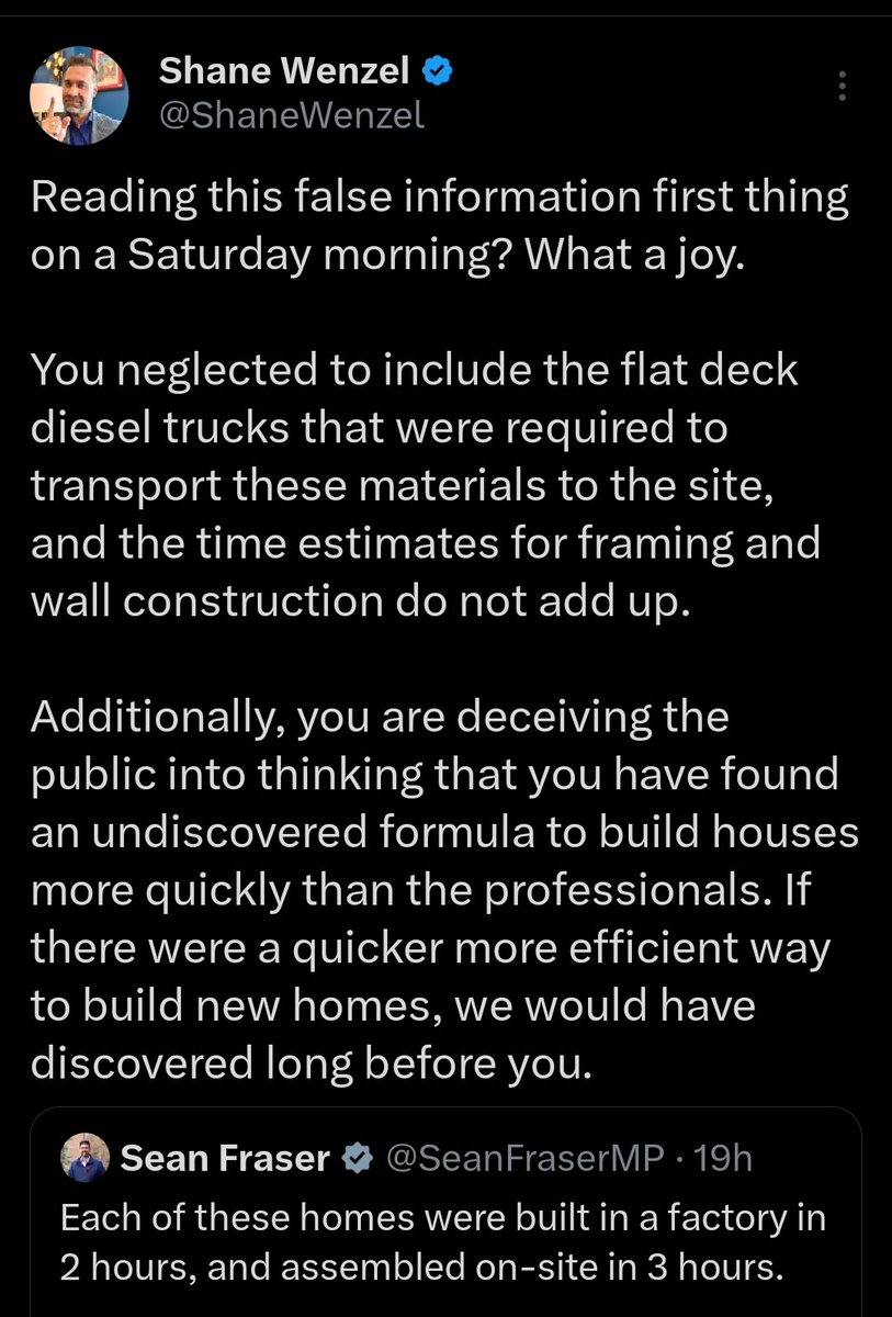 @DevineSean Councilor, I've noticed you've often cited claims that builders can construct a dwelling in a fraction of the time. @ShaneWenzel is the owner of Shane Homes a well respected Calgary developer that's built entire communities. He's more than skeptical. Who should I trust?