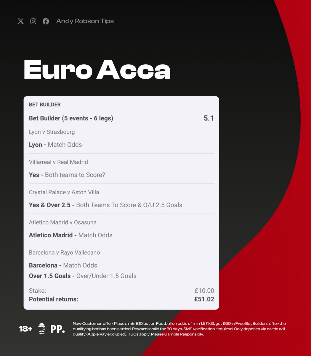 I'm going to be busy with the EPL tomorrow so I'm posting my Acca early.

Lyon are my favourite bet of the day.

Load it: bit.ly/Euro-Acca-Sund…

Join Paddy Power, bet £10 on this & you'll get £50 in Free Bets.

Claim: bit.ly/50FREE-Claim

18+, T&Cs Apply. Ad.