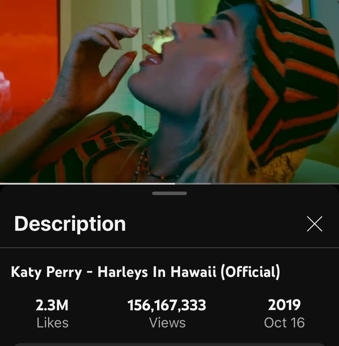 Harleys in hawaii has officially surpassed Never really over to become katy's highest viewed music video from the smile era