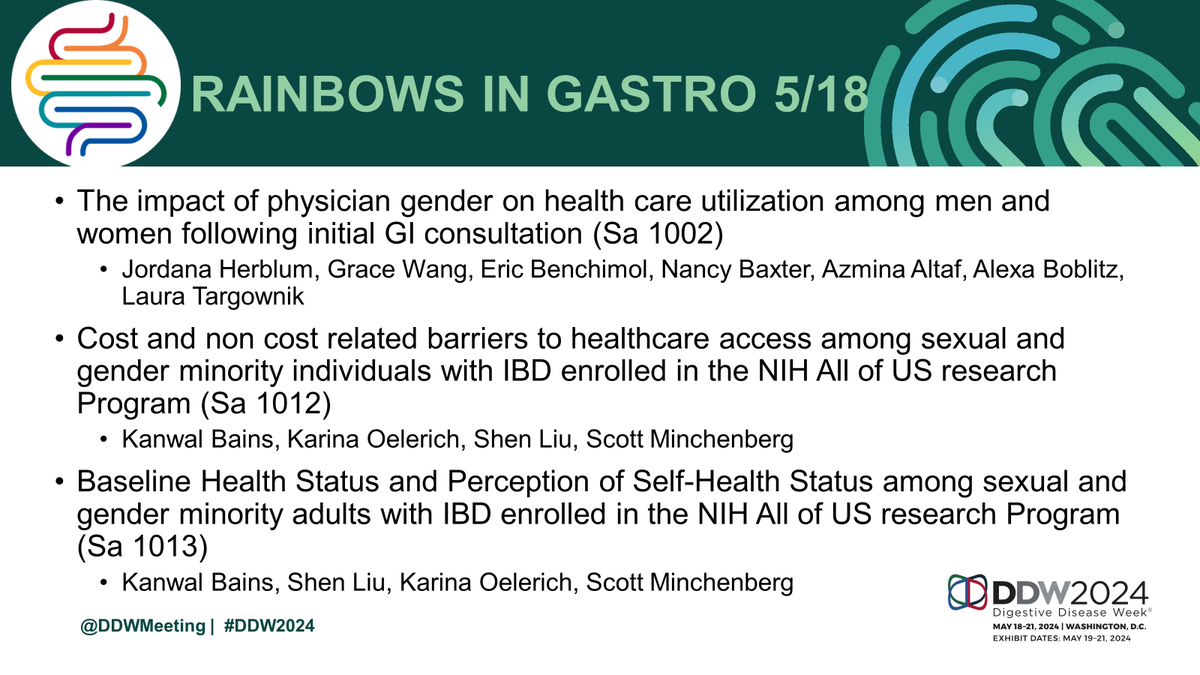 Rainbows in Gastro (@rainbowingastro) on Twitter photo Hi #GITwitter #LiverTwitter, if you are at #DDW2024, come check out these ⭐️selected presentations today by 🌈#RIG members and their collaborators 👏
#LGBTQIA Hi #GITwitter #LiverTwitter, if you are at #DDW2024, come check out these ⭐️selected presentations today by 🌈#RIG members and their collaborators 👏
#LGBTQIA