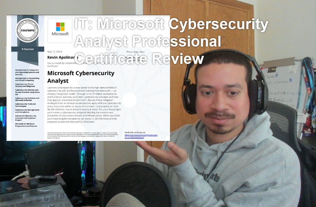 IT: Microsoft Cybersecurity Analyst Professional Certificate Review

Really enjoy this course from Microsoft Coursera.

#itsupport #helpdesk #helpdesktechnician #cyber #cybersecurity #servicedesk #microsoft #microsoftazure #azure #azurecloud #coursera

youtu.be/HlEaEj9cvVY