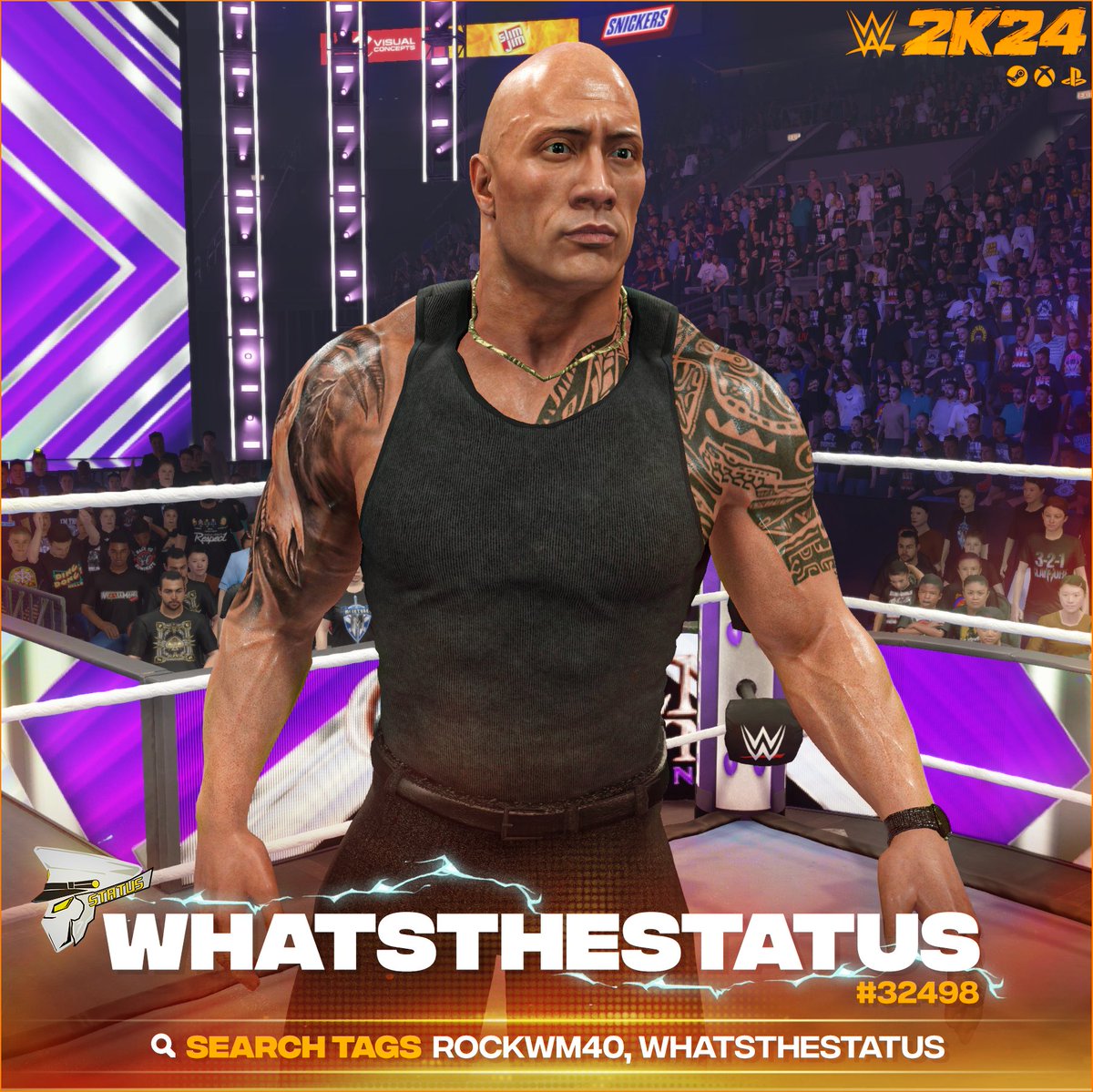 NEW! #WWE2K24 Upload To Community Creations! ★ The Rock '24 (InGame Model Edit) ★ Search Tag → ROCKWM40 or WhatsTheStatus ★ Collaboration → @GameVolt1 @PETCHYcreations ★ Support Me → linktr.ee/WhatsTheStatus ★ INCLUDES ● Custom Portrait ● Updated Entrance Motion ●