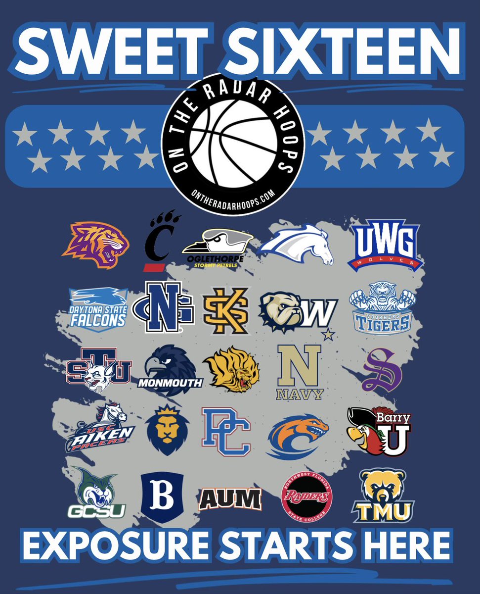 OntheRadarHoops's tweet photo. Updated list of college programs that have been at the Sweet 16

Edward Waters
Cincinnati 
Oglethorpe
Alabama-Huntsville
West Georgia 
Dayton State 
North Georgia 
Kennesaw State
Wingate 
Voorhees 
St Thomas 
Monmouth 
Arkansas Pine-Bluff
Navy 
Sewanee 
USC-Aiken 
Warner 
Presbyterian 
Clayton State 
Barry U (FL)
Georgia College
Berry U (GA)
Auburn-Montgomery 
NW Florida 
Truett McConnell
