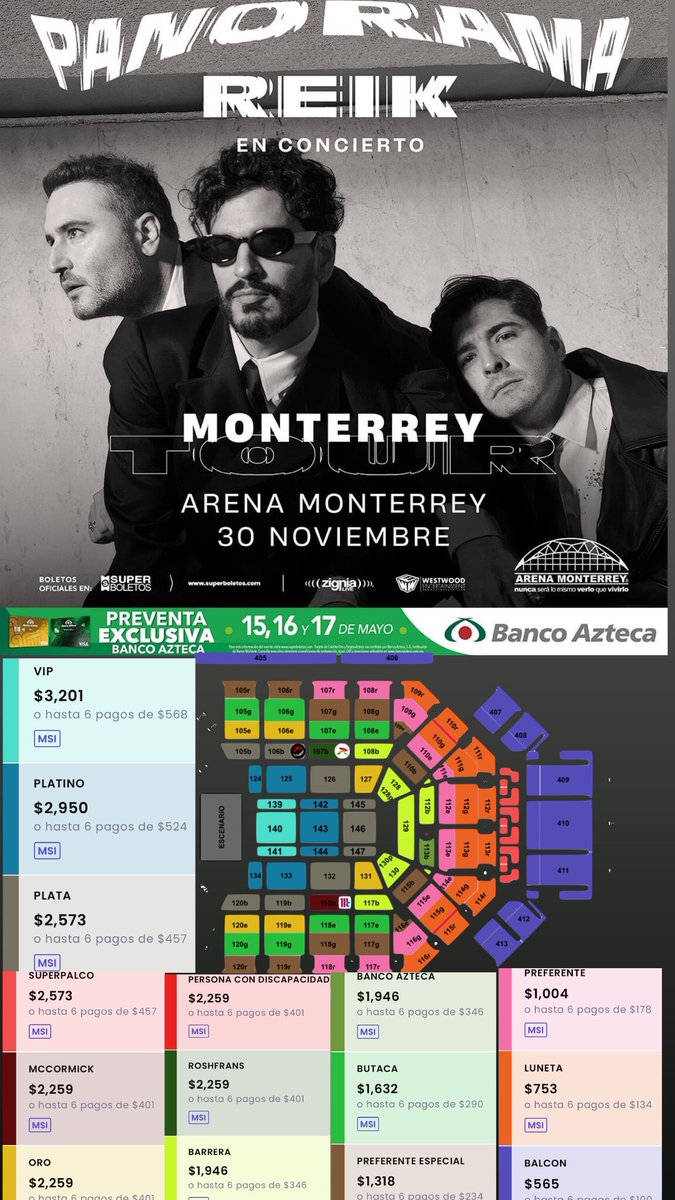 🎤 Reik 🎤 Panorama Tour 2024 🎤 🎟️ Venta General 10:00 AM 💳 Acepta todas las tarjetas: AMEX, VISA, MASTERCARD 💳 Límite: 6 Boletos 🗓️ 30 de Noviembre del 2024 🗓️ 🏟️ Arena Monterrey 🏟️ 📍 MTY 📍 Link: bit.ly/3WJingH 🗓️ 13 de Diciembre del 2024 🗓️ 🏟️ Arena CDMX 🏟️ 📍