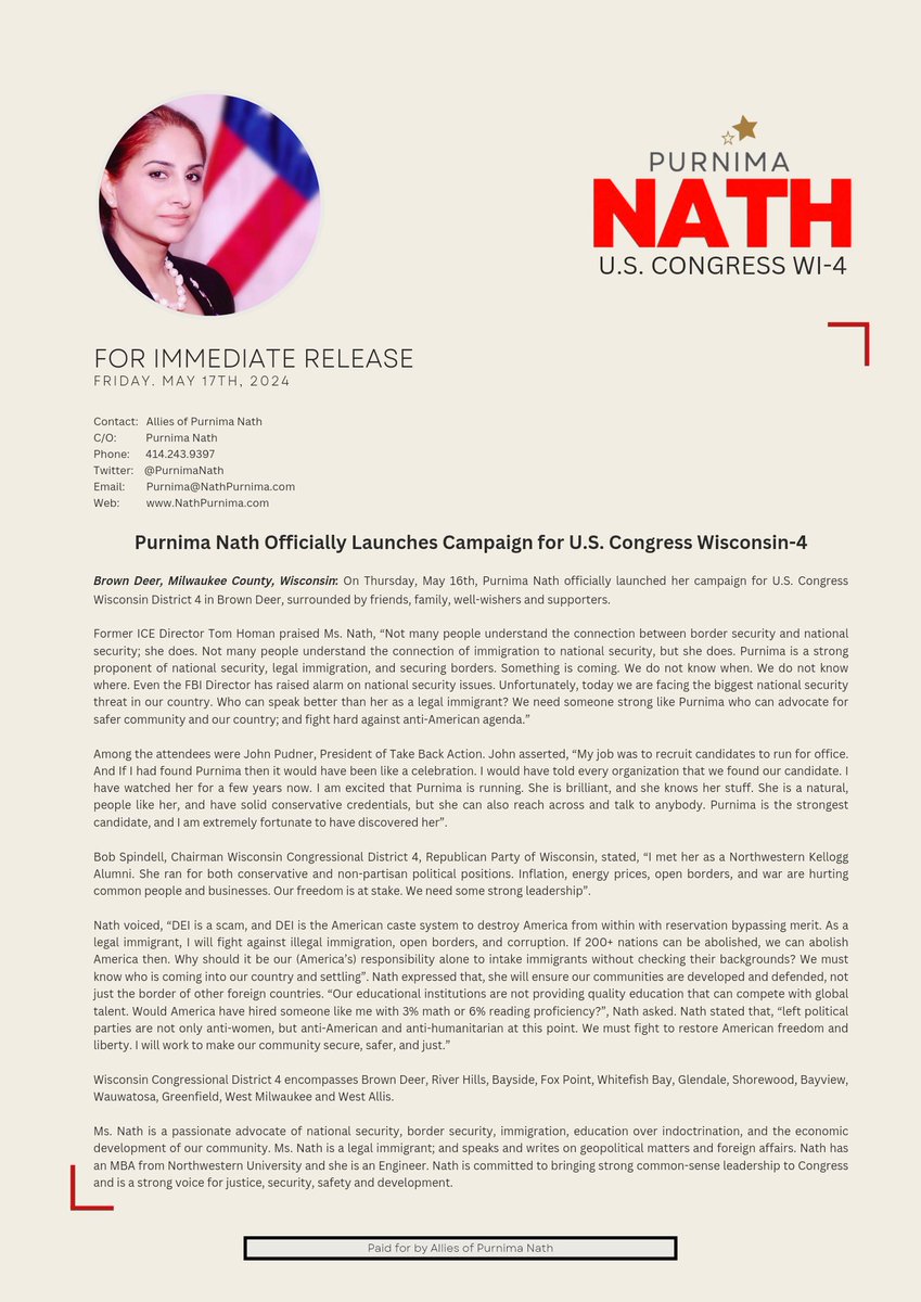 #PressRelease: Purnima Nath Officially Launches Campaign for U.S. Congress Wisconsin-4 Thank you @RealTomHoman for your strong support and @jpudner for your blessings. Thank you @BobSpindell for joining the gathering and enlighting us. And all friends, family and well-wishers