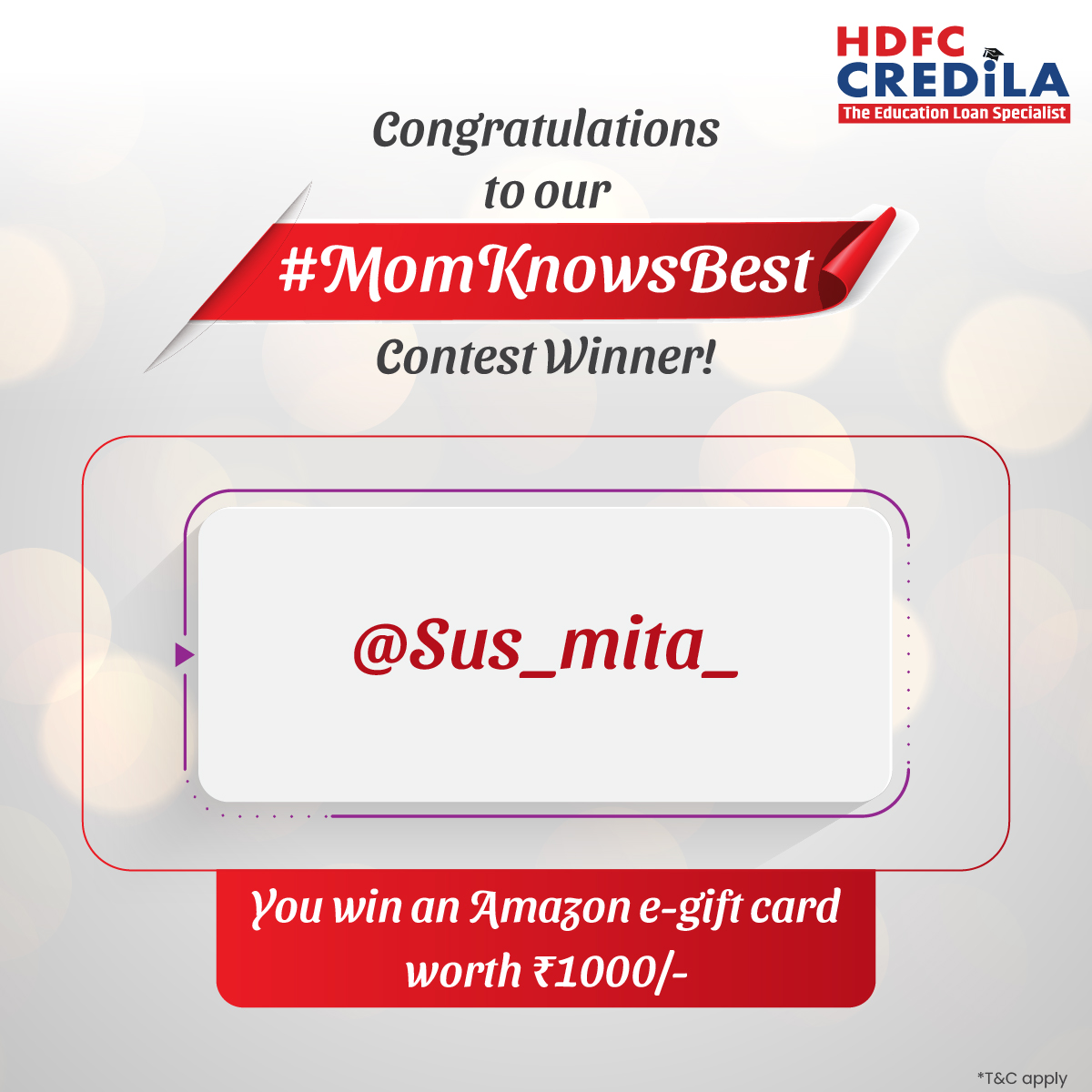 CredilaFinserv's tweet photo. Put your hands together for our contest winner, folks! Until next time - watch this space! 

*T&C apply https://t.co/kzGjGqKGbq

#HDFCCredila #HDFCCredilaContest #MomKnowsBest #Contest #Winner #ContestWinner #CommentContest #ContestAlert #ContestTime #GiveAway #GiveAwayAlert #Contest2024 #ContestGiveAway #GiveawayContest #StayTuned #Participate #Win #AmazonVoucher #MothersDay #MothersDay2024 #MothersDayspecial #HappyMothersDay #HappyMothersDay2024 #Mother #Strength #Kindness #UnconditionalLove