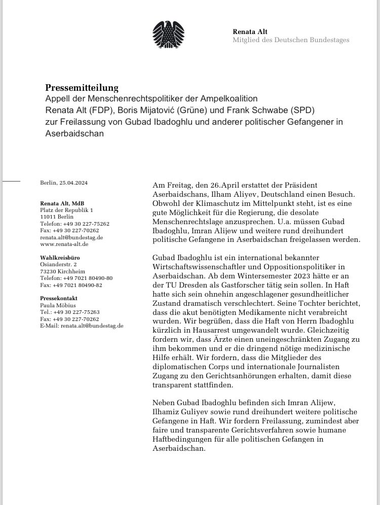 Bundestag Human Rights Commitee made statement on crackdown of civil society in #Azerbaijan and on the case of my father, Dr. Gubad Ibadoghlu. Statement is signed by @RenataAlt_MdB @borismijatovic and @FrankSchwabe 🙏🏻 #FreeGubad #ExperienceAzerbaijan #Cop29 #cop29baku #cop29aze