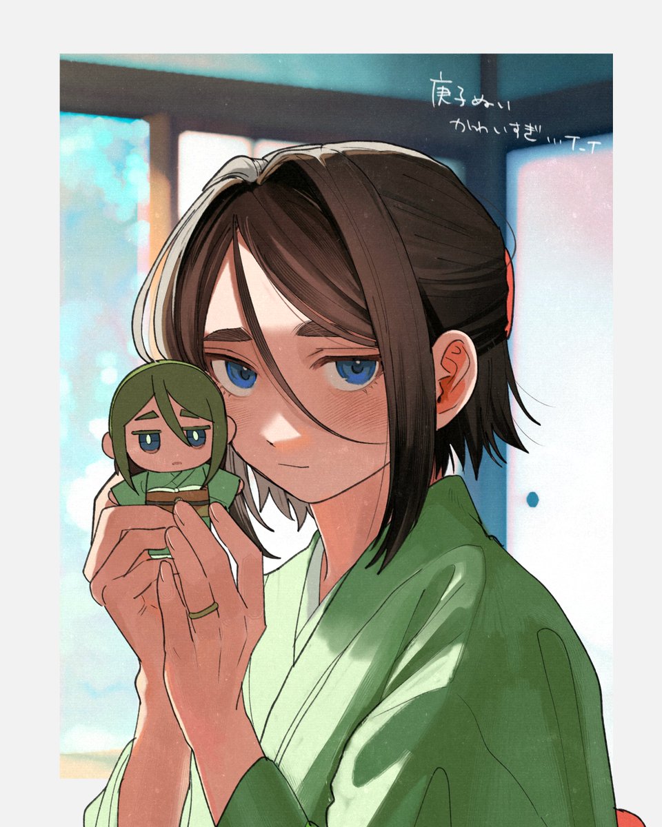 1girl solo looking at viewer short hair blue eyes brown hair holding  illustration images