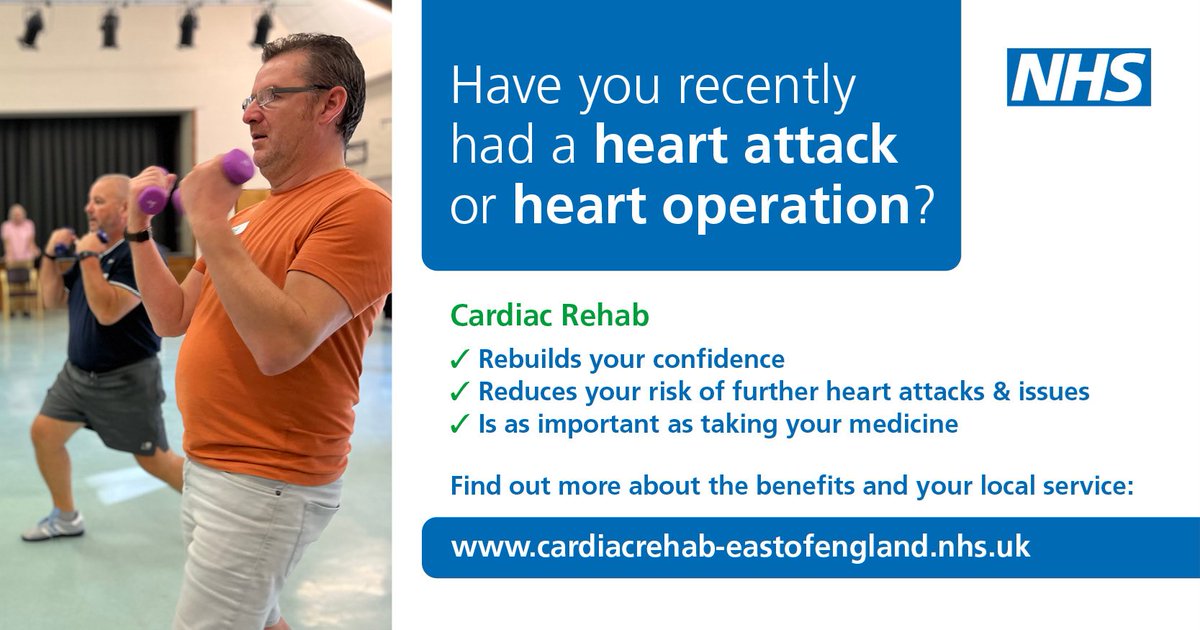 Have you recently had a heart attack or operation? Cardiac Rehab: ✔ Rebuilds your confidence ✔ Reduces your risk of further heart attacks & issues ✔ Is as important as taking your medicine Sign up today! More details and local services: cardiacrehab-eastofengland.nhs.uk