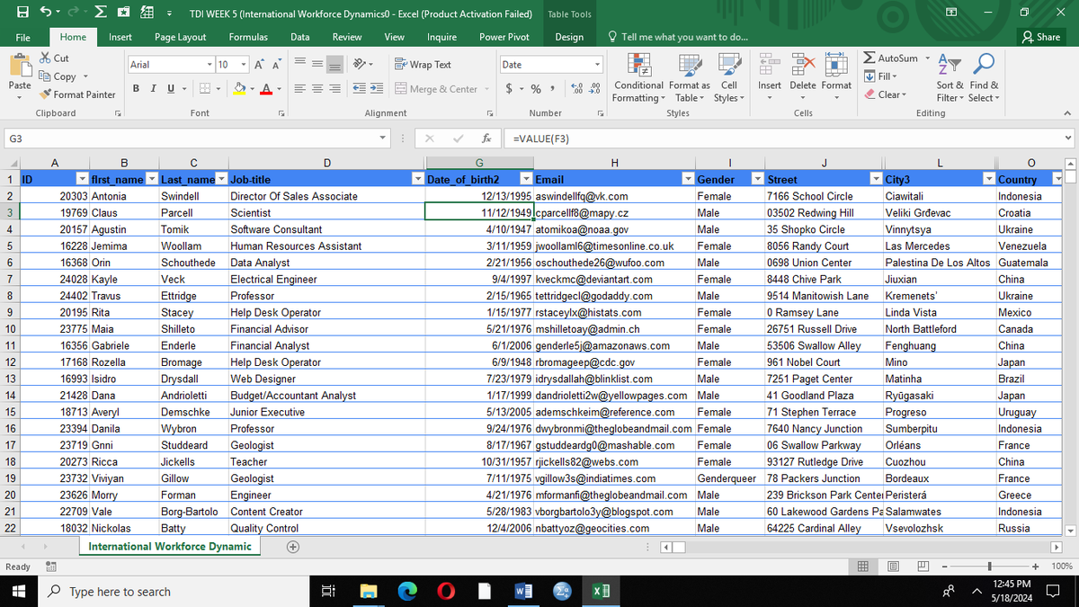 TD1 EXCEL WEEK 5 ASSIGNMENT This week, we were presented with a dirty dataset(ist slide) for cleaning. I used the spell check feature to identify spelling errors on each column. I used the duplicate feature under data in the task bar to remove duplicated and other process