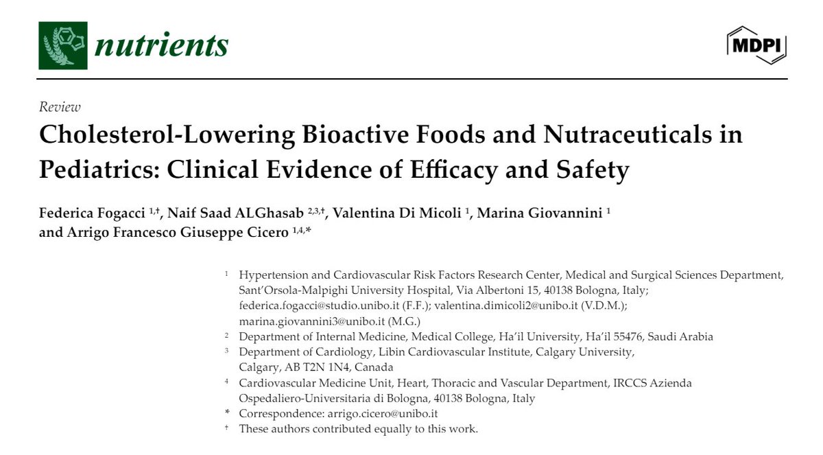 If you are interested in knowing which bioactive foods and nutraceuticals can be used to 📉 cholesterol in pediatric patients, then you will be pleased to know that we've just published an article on this topic (and it is open access and available here 👉mdpi.com/2072-6643/16/1…)