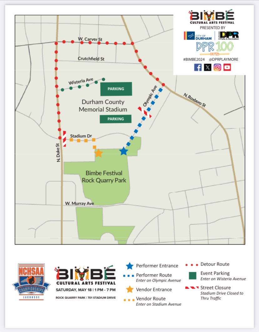 If you’re coming out to @DCoStadium today for the 1A/2A/3A Lacrosse State Championship games today, make sure you’ve seen the parking map as Stadium Drive will be closed to through traffic: nchsaa.org/wp-content/upl…