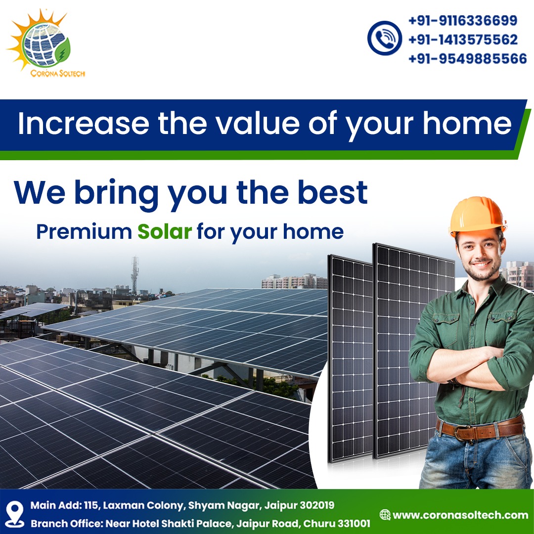 Corona Soltech: Premium solar panels for a brighter future (and a more valuable home)! Investing in solar power isn't just good for the environment, it's smart for your wallet too! #CoronaSoltech #JaipurSolar #SustainableLiving #RealEstateInvestment #SolarPowerBenefits #Invest