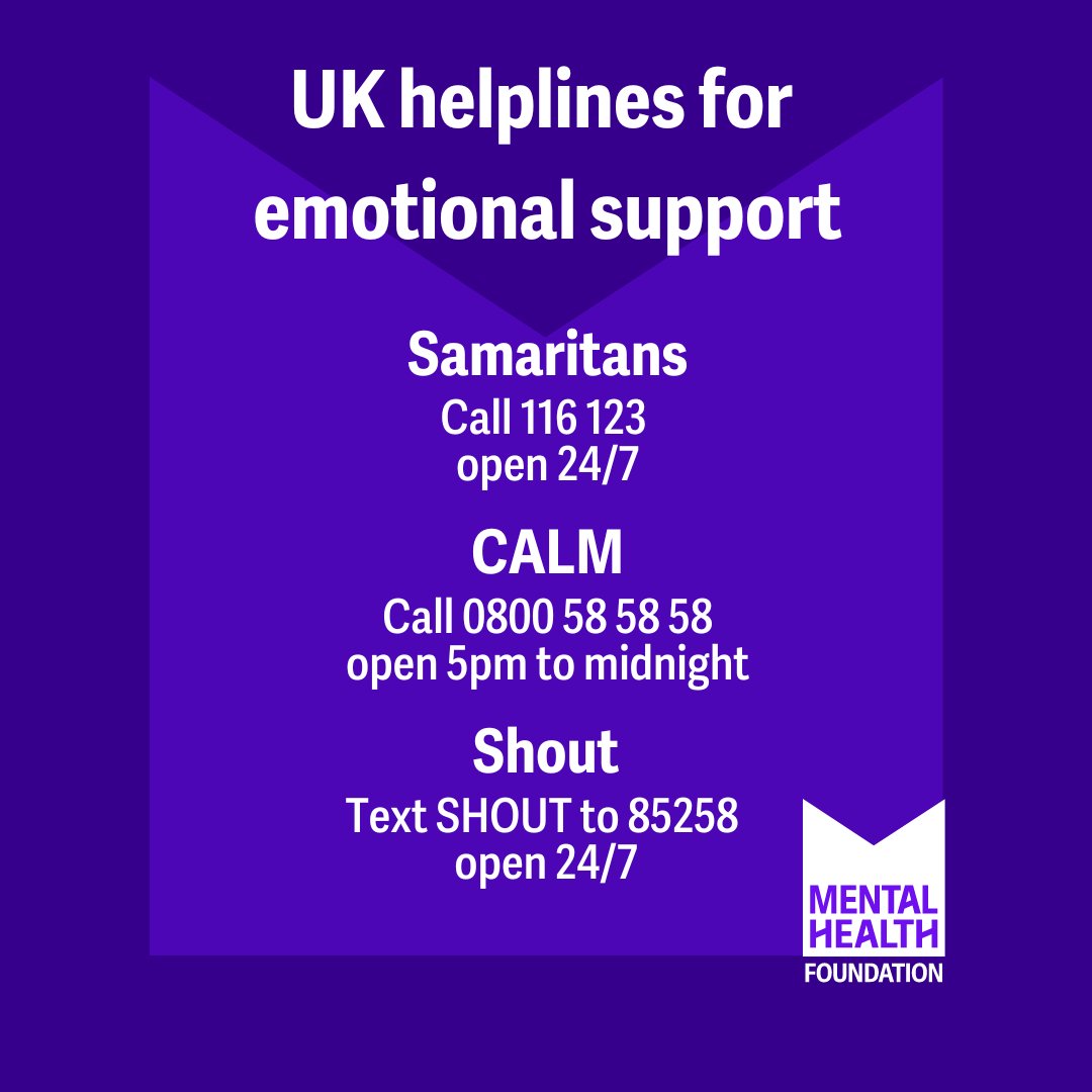 Finding things tough right now? These UK helplines are here to listen and support you. 💜 @Samaritans available 24/7 on 116 123 @thecalmzone available 5pm-midnight everyday on 0800 58 58 58 @giveusashout available 24/7. Text SHOUT to 85258