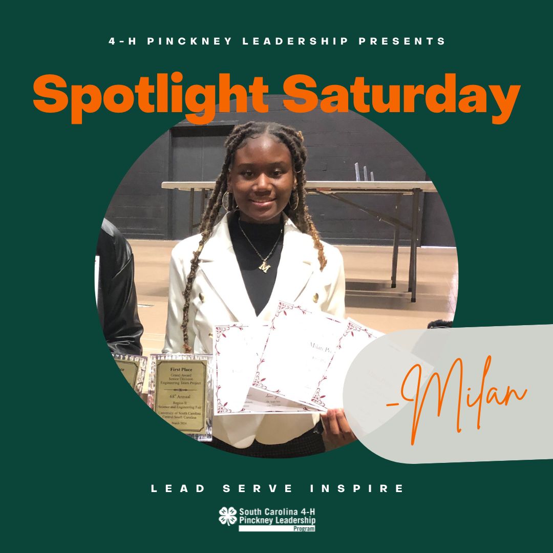 It's #SpotlightSaturday! 
Today, we want to congratulate 4-H Pinckney leader Milan! Milan was a winner of the USC Region Two Science and Engineering Fair! She will be representing S.C. in California nationally in May.
Congratulations, Milan!🥰
 #4HPinckneyLeadership #ThisIs4H