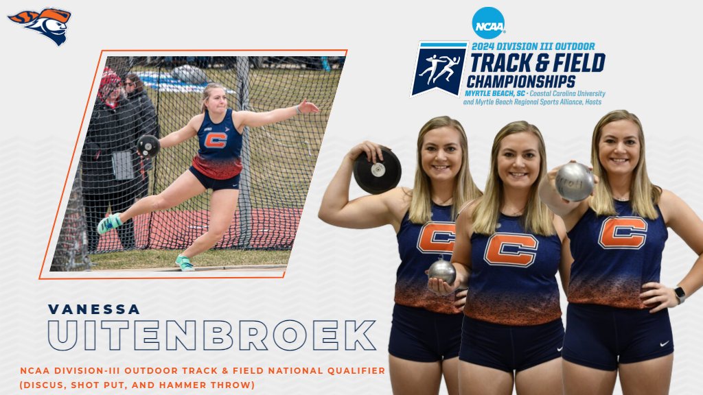 No you're not seeing triple! 

Congrats to Senior Vanessa Uitenbroek on qualifying for next weekend's @NCAADIII Outdoor Nationals in THREE events, marking her 11th career appearance at Nationals. She'll compete in the Discus on Thurs., Shot Put on Fri., and Hammer on Sat. #GoPios