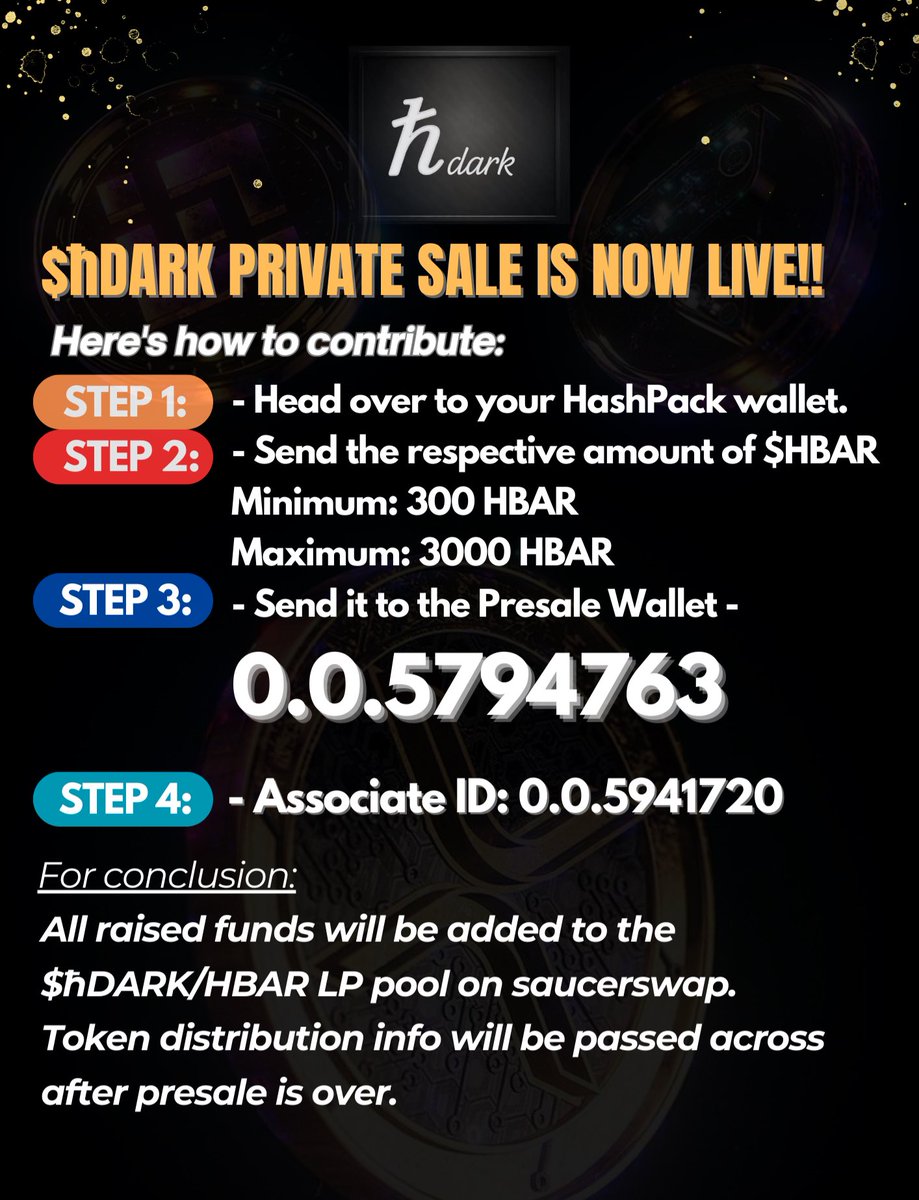 GM #HBARbarians

$ħDARK PRIVATE SALE IS NOW LIVE!! 

Here's how to contribute: 
⁃Head over to your HashPack wallet. 
⁃Send the respective amount of $HBAR 
Minimum: 300 HBAR
Maximum: 3000 HBAR
⁃Send it to the Presale Wallet - 
0.0.5794763
