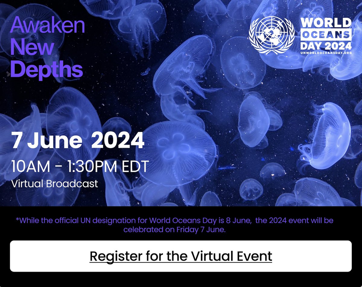 🌊 Join us for a global celebration of #WorldOceansDay 2024! This year's theme, 'Awaken New Depths', calls for urgent change in our relationship with the ocean. 

📅 Save the date: Friday, June 7, 2024, for a virtual livestream event.

Register now 👉 ow.ly/5Ekg50RHVQ4