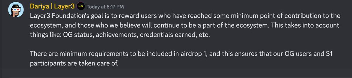 Are you OG? People whose level in layer 3 is less than 20 and the number of CUBEs is less than 100 are likely to receive a small amount of $L3 tokens.