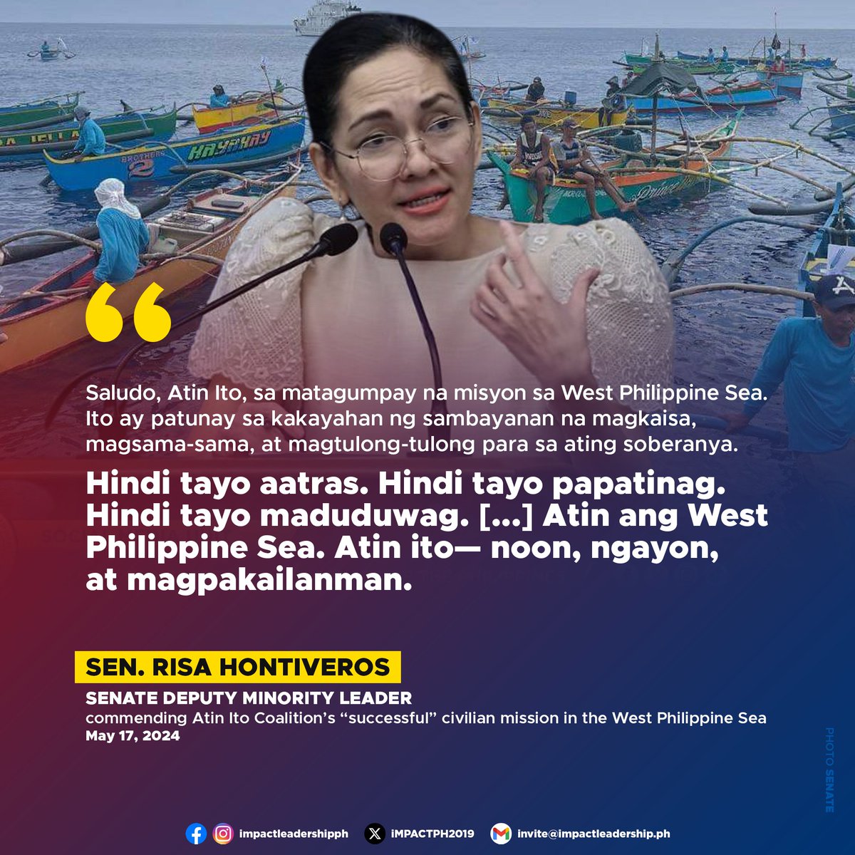 'ATIN ANG WEST PHILIPPINE SEA— NOON, NGAYON, AT MAGPAKAILANMAN'

Sen. Risa Hontiveros lauds the successful civilian mission in the West Philippine Sea (WPS), saying it is a testament to the unity and collective effort of the Filipino people in safeguarding national sovereignty.