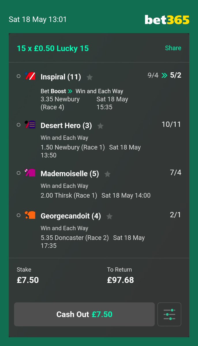 My Multi for today. Think Big Rock runs best on soft so going with Inspiral, Desert Hero doesnt get best in this field. Other two will inprove and win 2nd time up