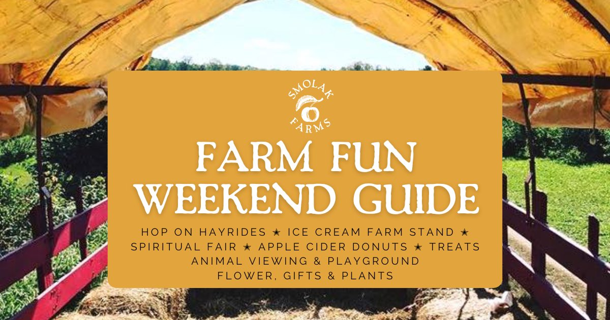 Come enjoy a fun weekend at the Farm!  🌻🚜

✭ Farm Experiences ✭
🥧7am – 6pm – Farm Stand & Animal Playground Open
🚜 10am – 2pm – Hop On Hayrides
🍦 11am – 6pm – Ice Cream Stand Open

✭ Special Events ✭
🥞 11am – 3pm – Spiritual Fair (Saturday only)

#SmolakFarms