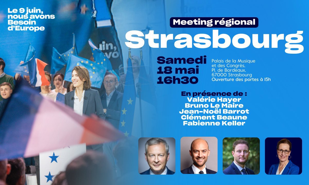 À tout à l’heure, à #Strasbourg, pour soutenir @ValerieHayer avec @BrunoLeMaire, @jnbarrot, @CBeaune et @fabienne_keller ! 
🇫🇷🇪🇺

@BesoindEurope