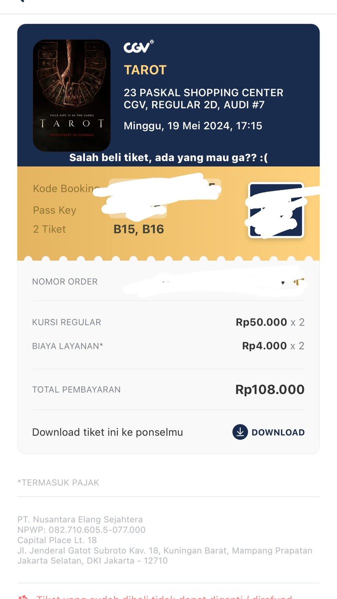 Wts tiket film tarot di cgv paskal buat hari minggu, 19 Mei. Gue ordernya salah tanggal :(