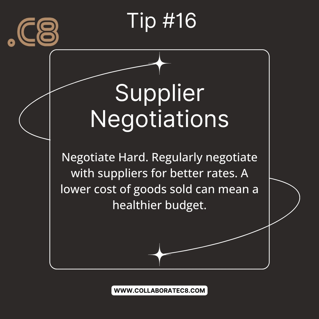 Negotiate Hard. Regularly negotiate with suppliers for better rates. A lower cost of goods sold can mean a healthier budget.

#fractionalcfo#financialplanning #financialfreedom #financegoals #profits #profitablegrowth #sustainablegrowth #smallbusinessgrowth #financialstrategy