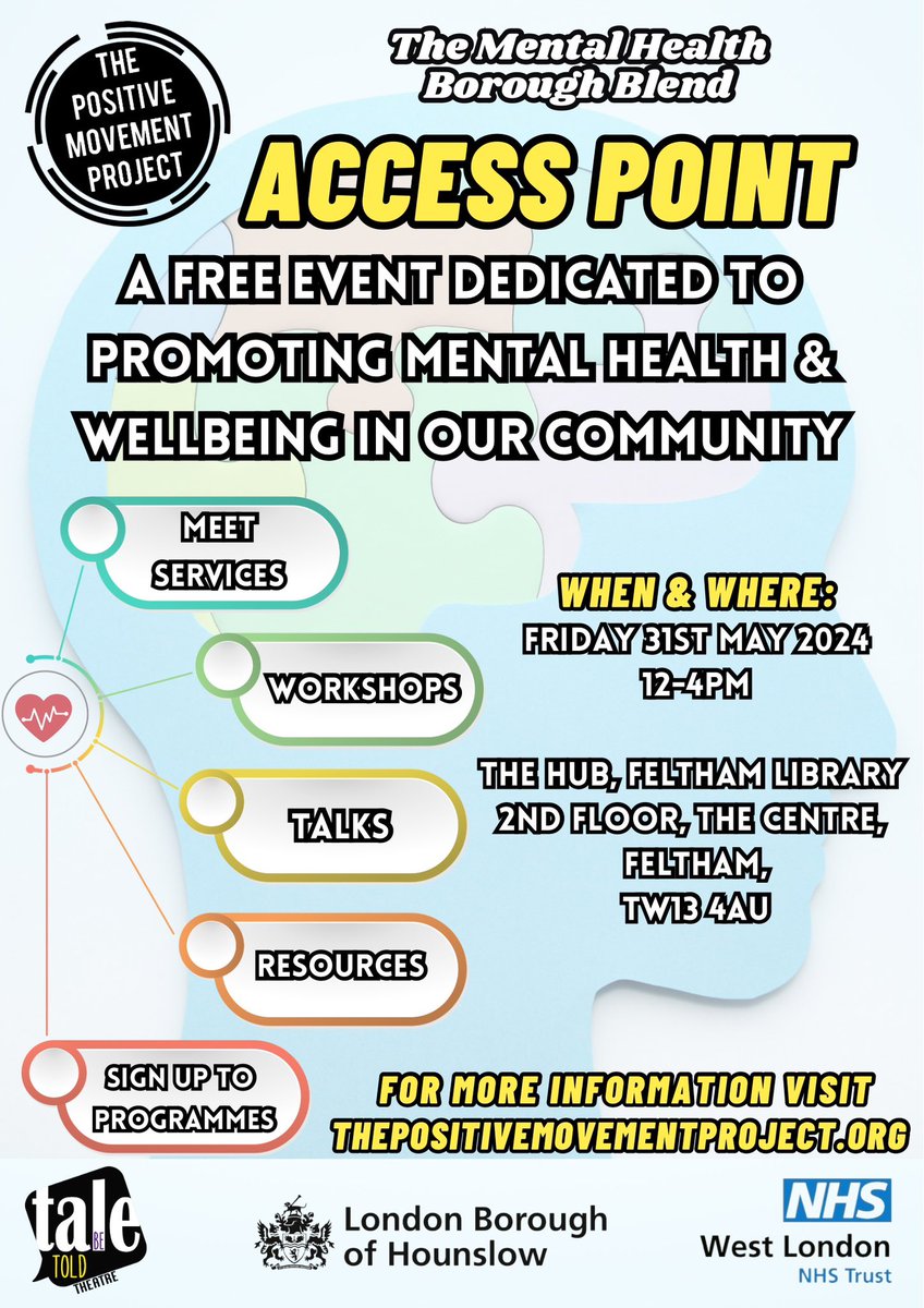 MovePositively's tweet image. Less than 2 weeks until our Access Point event at The Feltham Hub, a chance to discover local services& activities that can support your mental health & wellbeing. With talks & taster activities on the day & organisations to meet, we'd love to see you there. Please RT #hounslow