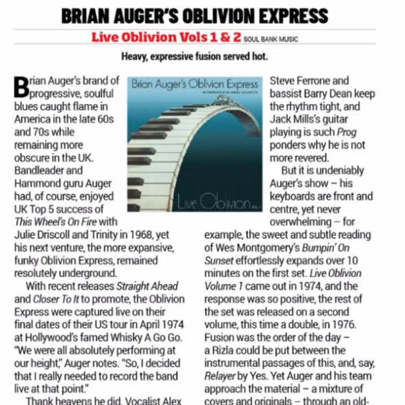 Prog Magazine have published a very kind review of Brian Auger's Oblivion Express - Live Oblivion Vol. 1 & 2 (lnk.to)