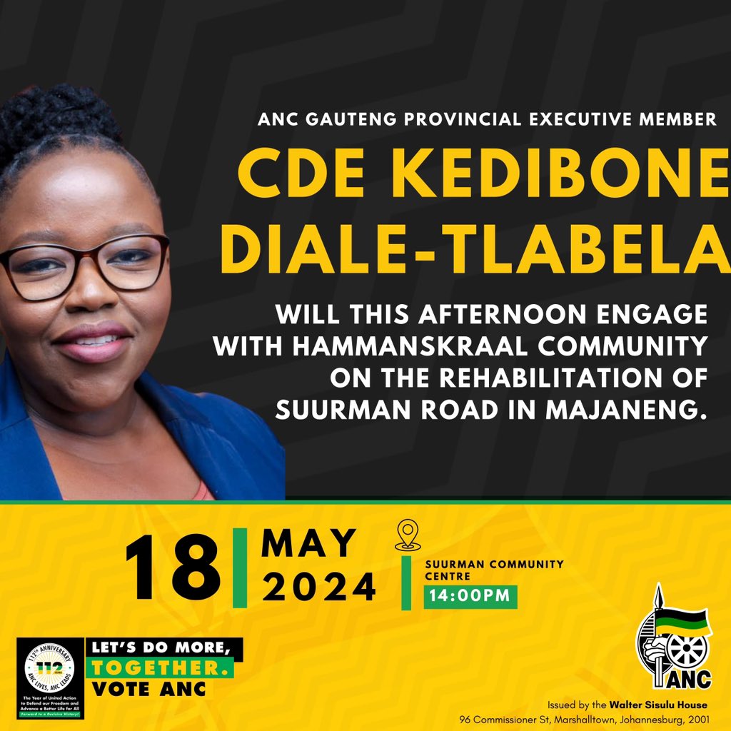 Cde Kedibone Diale-Tlabela will this afternoon engage with Hammanskraal community on the rehabilitation of Suurman Road in Majaneng.#LetsDoMoreTogether #VoteANC 🖤💚💛
