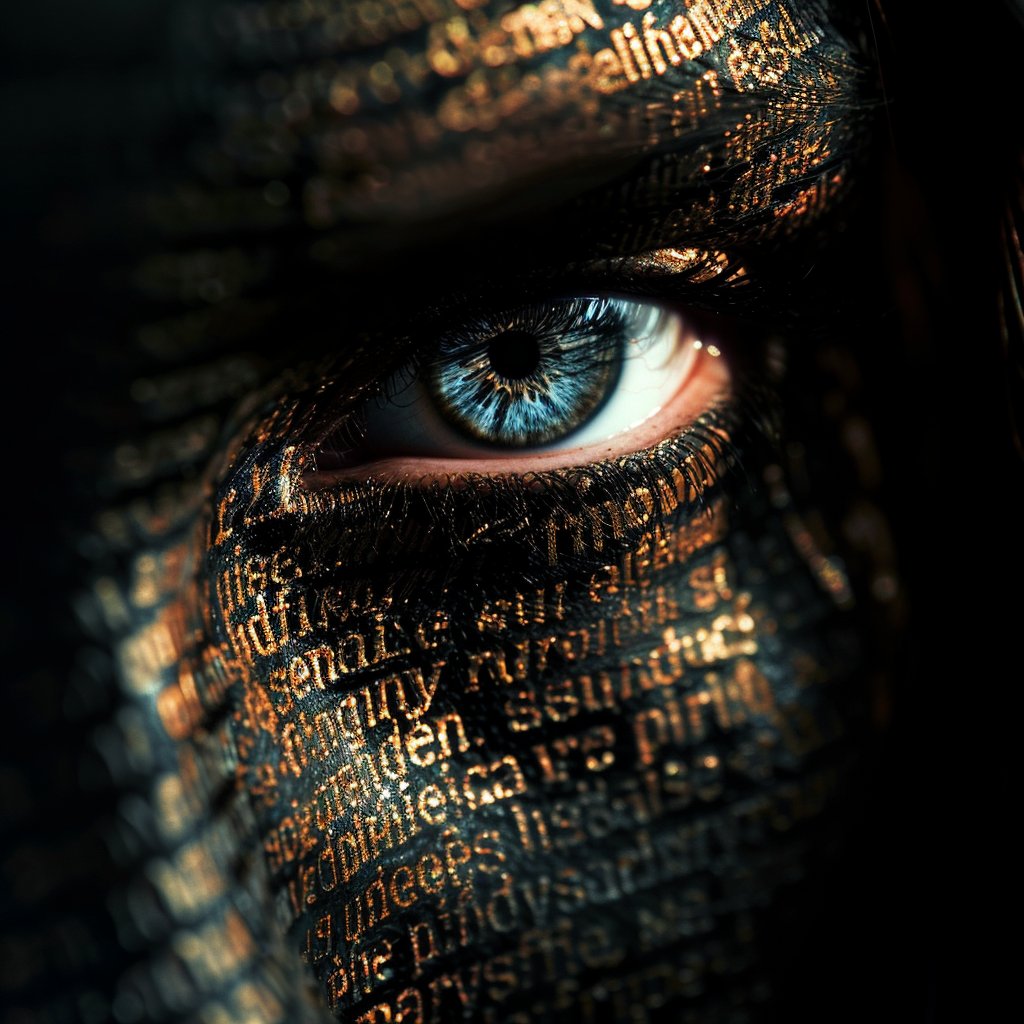 @LudovicCreator top ► un p'ti mélange de tes prompt Extreme close-up shot portrait of a woman made of words, golden light, high contrast, silhouette lighting, black background, typography art. Eliminate reflections and enhance the texture and color in her blue eyes for a raw, striking effect
