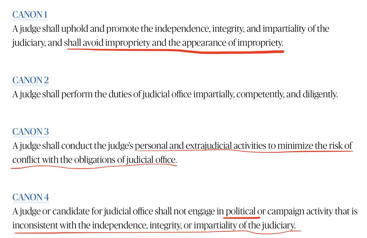 ABA's Code of Judicial Conduct has 4 canons, and Alito's upside down flag stunt—a political expression of sympathy for the lie that fueled Trump's coup attempt—violated 3. The counter—technically, SCOTUS doesn't have to follow ethical standards—just shows how deep the problem is.