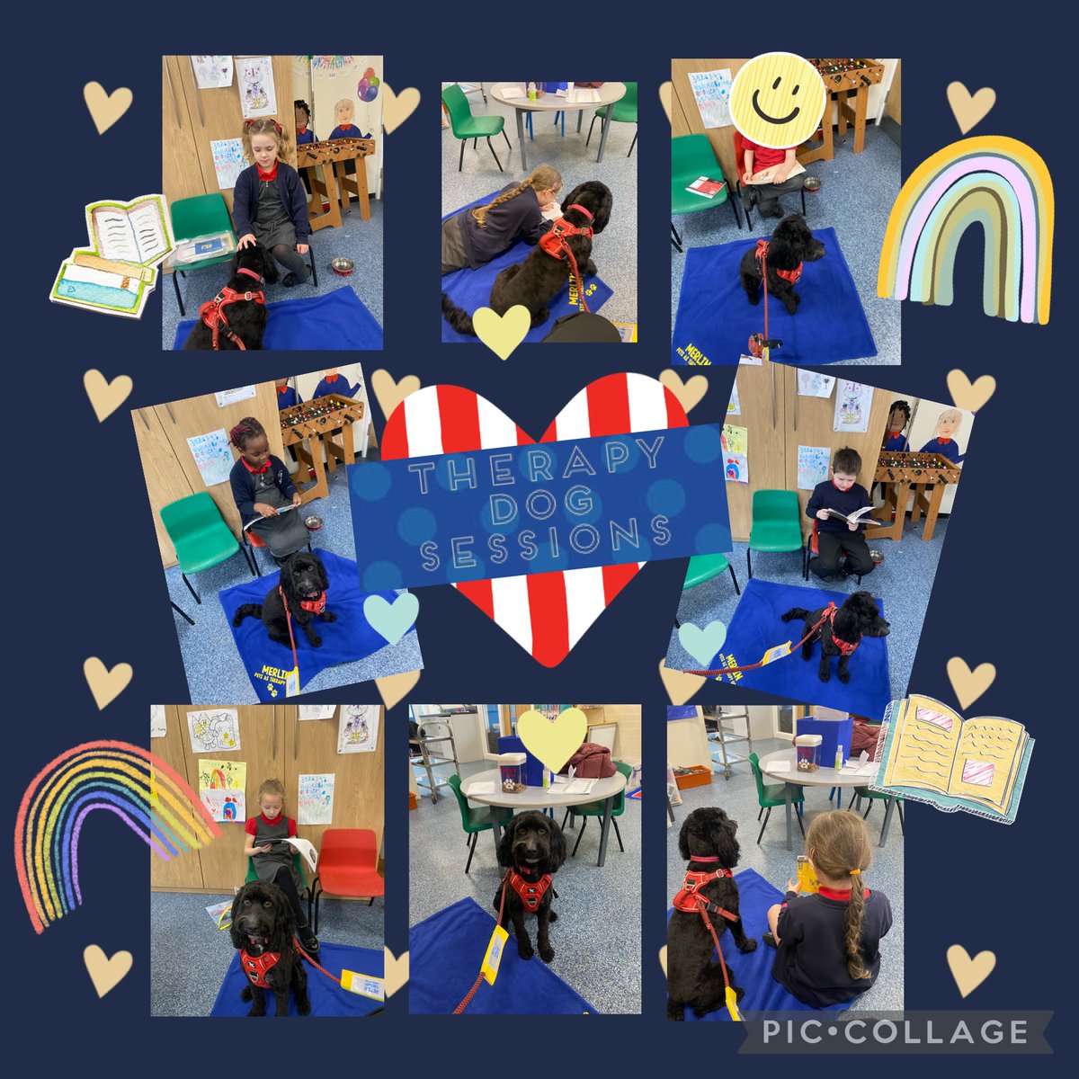 MasefieldCP's tweet photo. Our weekly sessions with Merlin, our Pets as Therapy dog have proved to be highly successful! The children thoroughly enjoy reading to Merlin and are always excited to attend the sessions! ๐พ #petsastherapy #read2dogs #exciting #maseRICH https://t.co/3yB2WnphCm